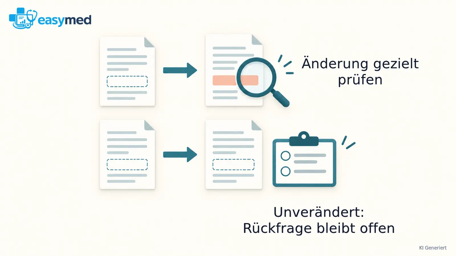 Zwei Verordnungswege: eine gezielt geänderte Unterlage wird am markierten Feld geprüft; eine unveränderte Fassung lässt die Rückfrage offen.