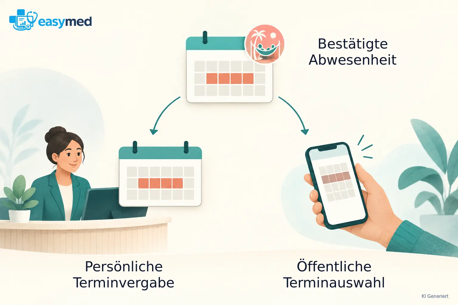 Eine bestätigte Abwesenheitskarte verbindet eine interne Kalenderansicht und die öffentliche Terminauswahl.