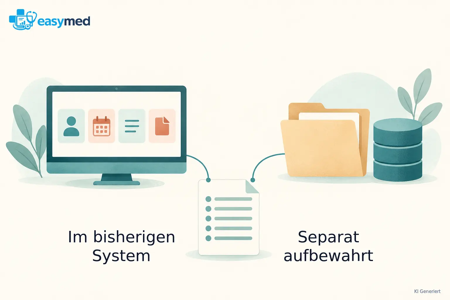 Eine Systemumrandung mit mehreren Datenkarten und eine deutlich getrennte externe Dokumentenablage.