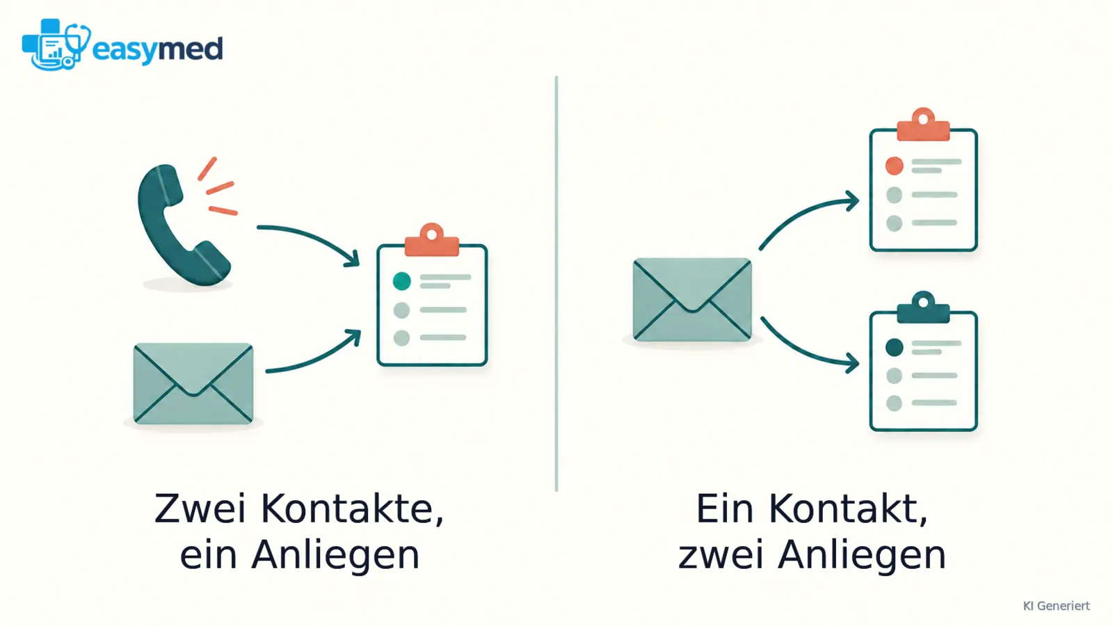 Zwei schematische Zuordnungen: Nachricht und Anruf führen zu einer Aufgabe; eine Nachricht führt zu zwei Aufgaben.