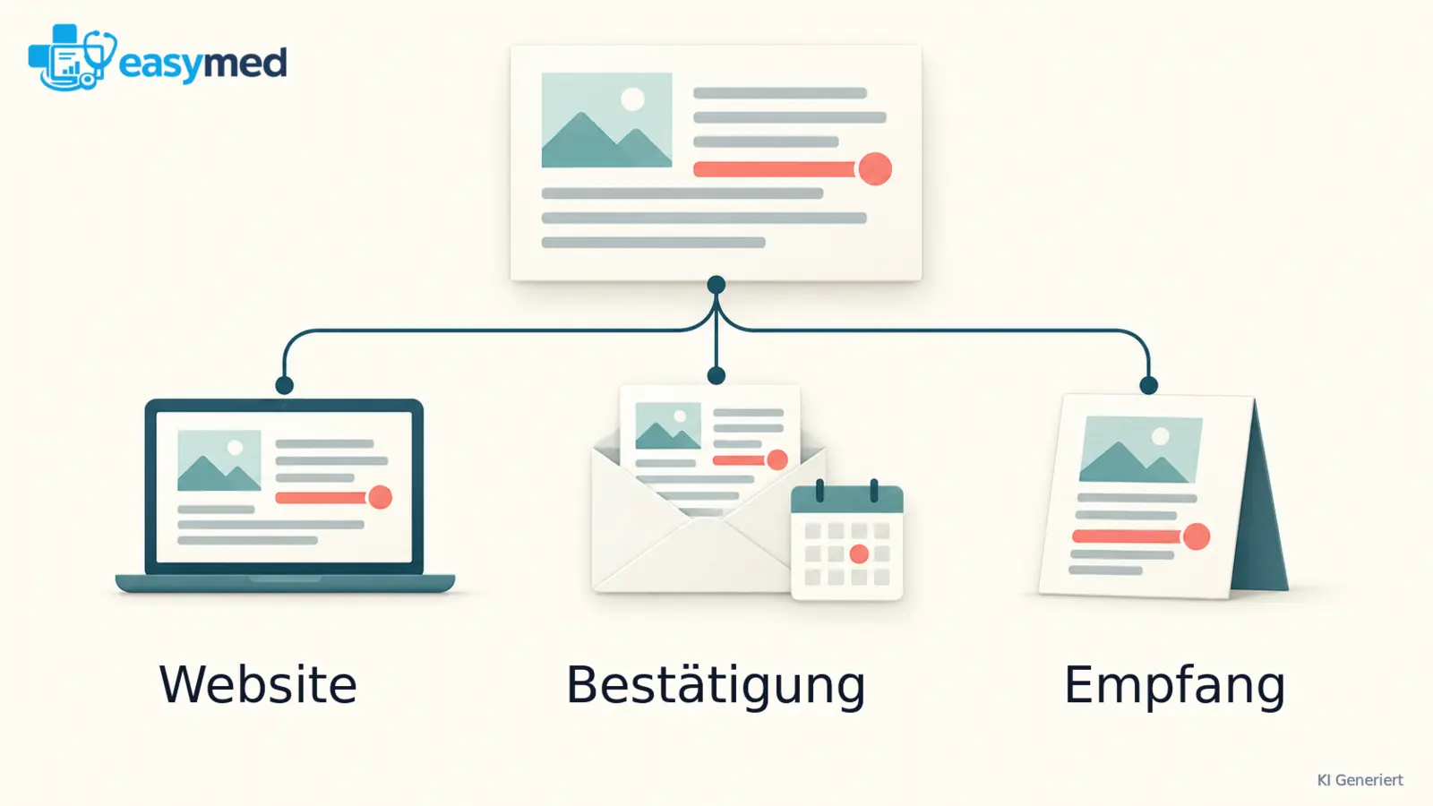 Eine Informationskarte ist mit Website, Terminbestätigung und Empfang verbunden; derselbe Änderungsmarker erscheint an allen drei Stellen.