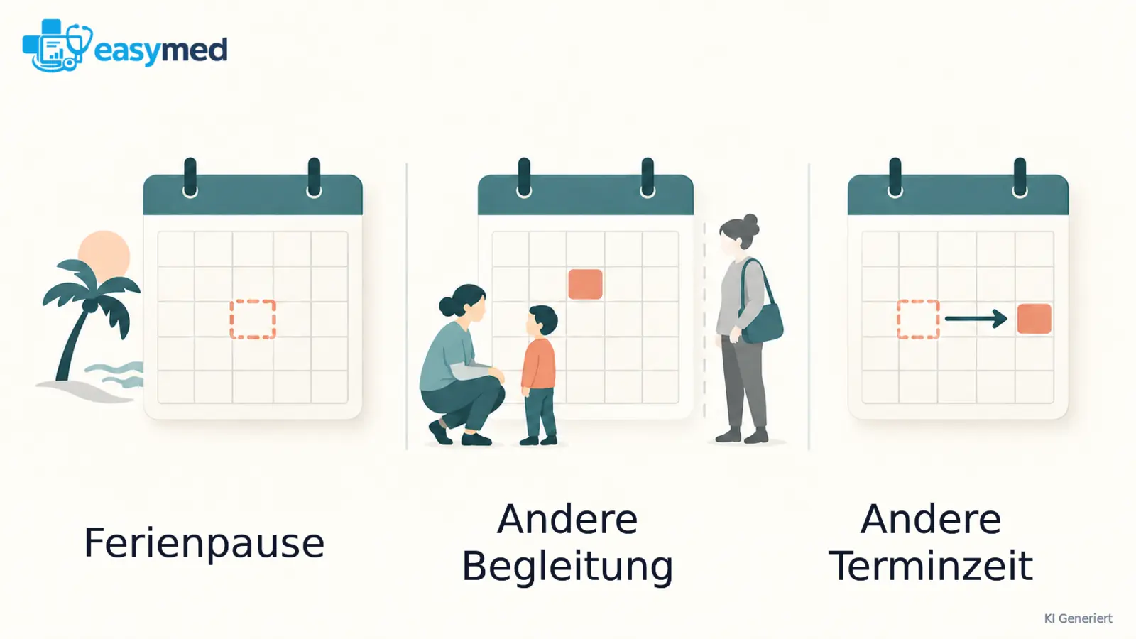 Drei getrennte Ausnahmen einer Terminserie: Pause, geänderte Begleitperson und verschobene Uhrzeit.