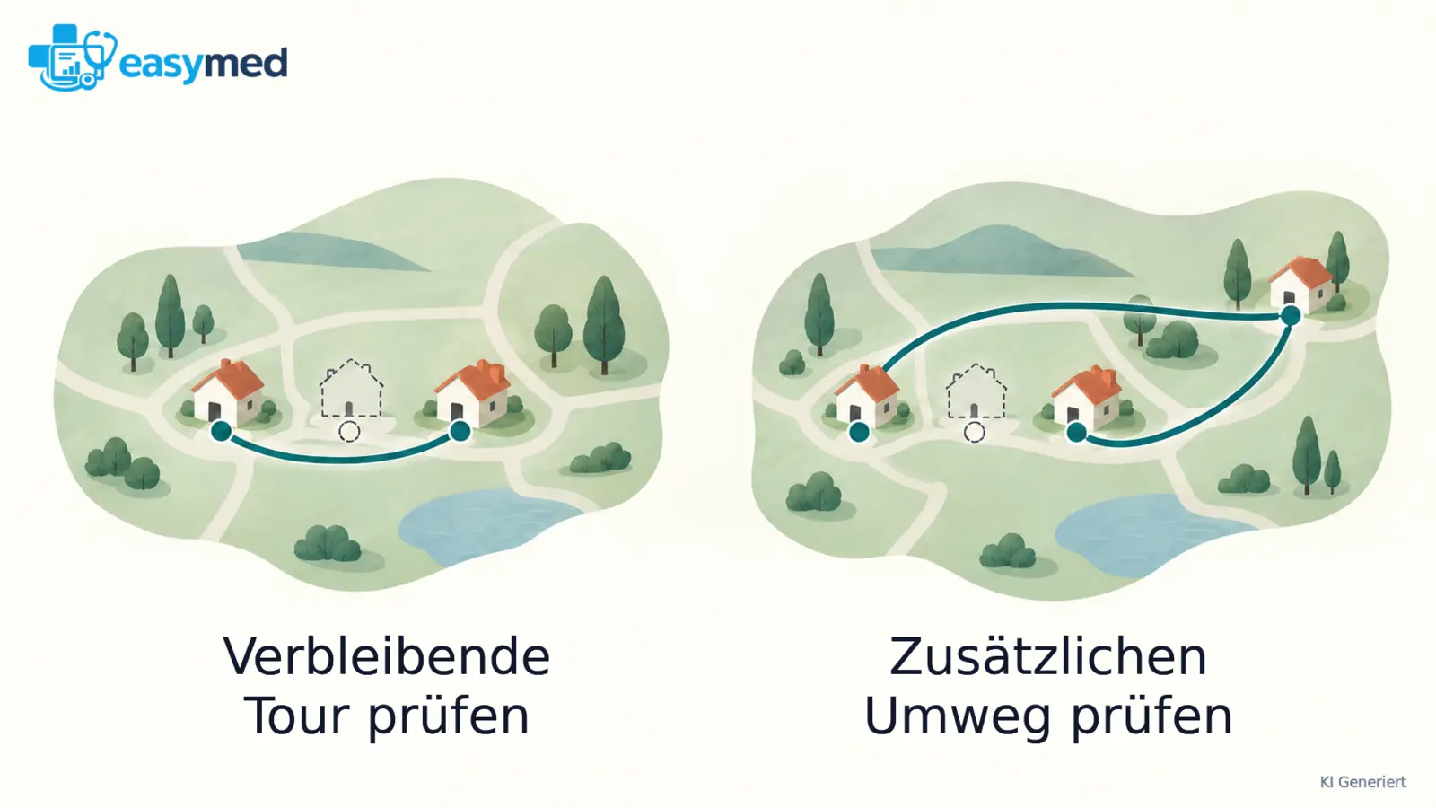 Zwei schematische Touren: direkte Verbindung zwischen verbleibenden Besuchen und langer Umweg zu einer entfernten Anfrage.