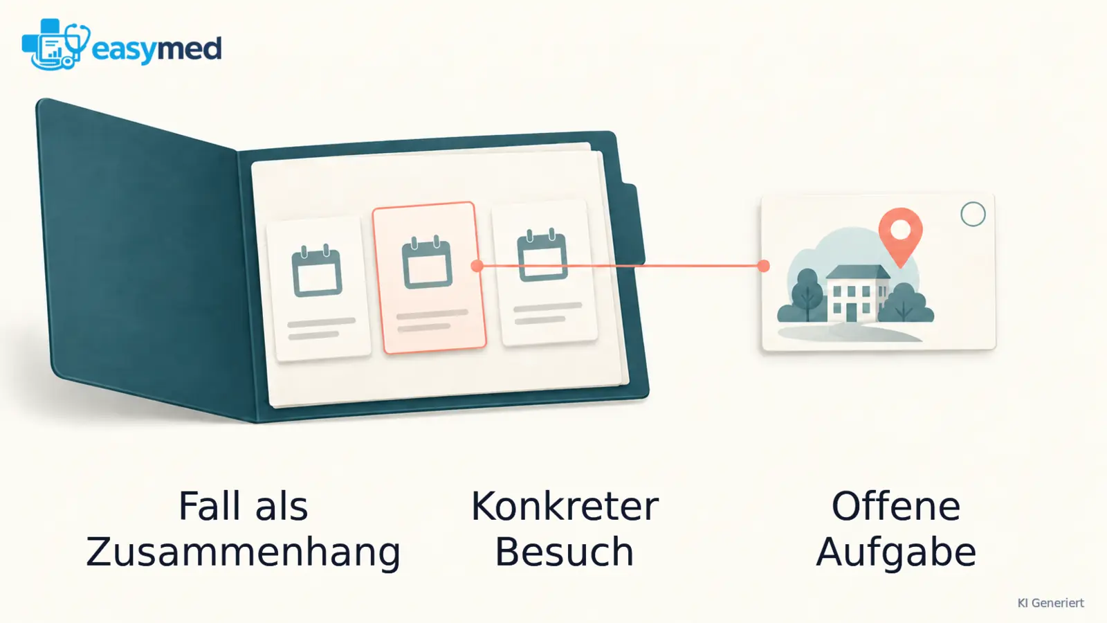 Eine große Fallmappe enthält mehrere Besuchskarten; eine Aufgabenkarte ist nur mit einem konkreten Besuch verbunden.