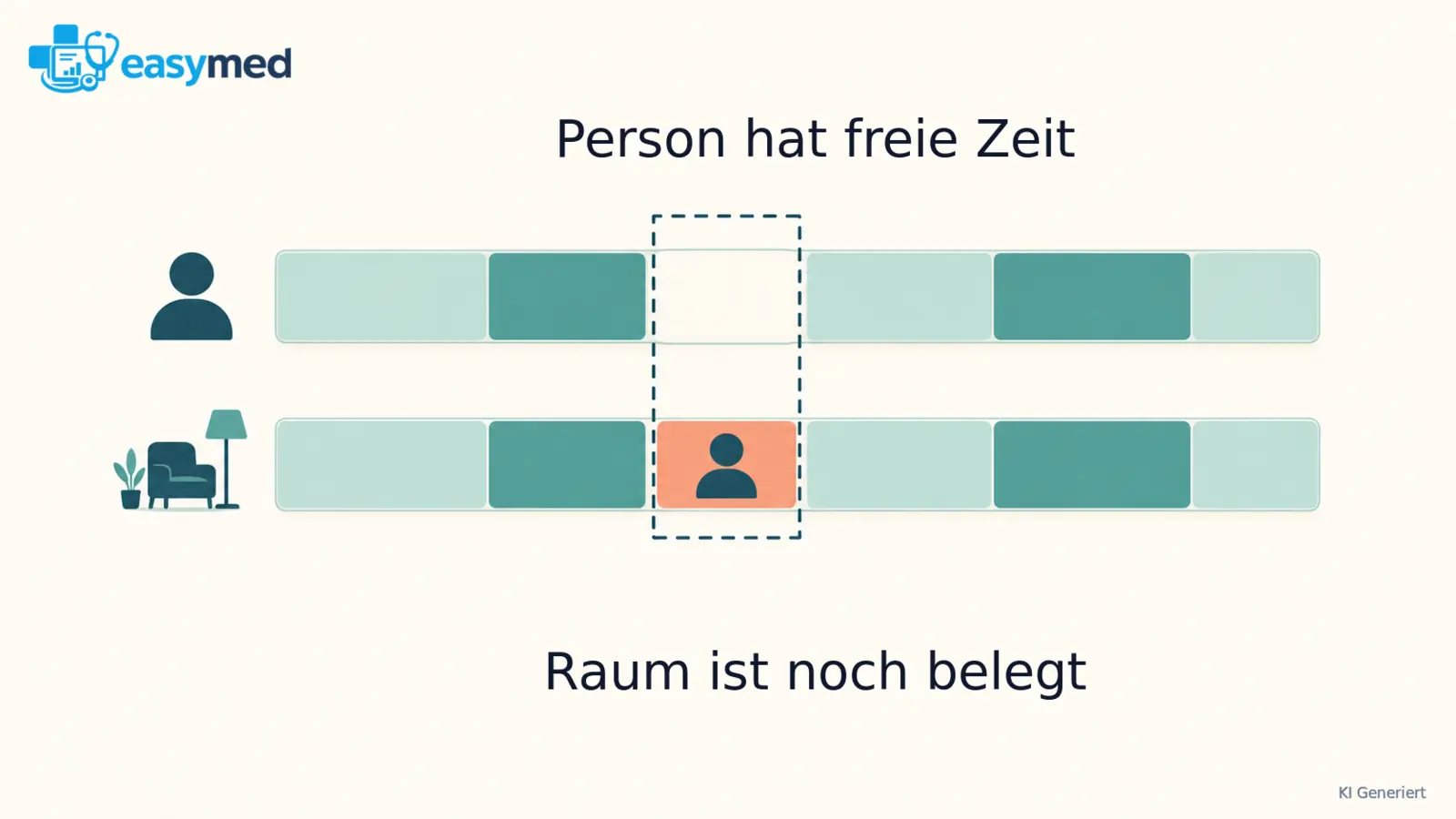 Zwei ausgerichtete Kalenderzeilen: freie Arbeitszeit bei gleichzeitig belegtem Praxisraum.