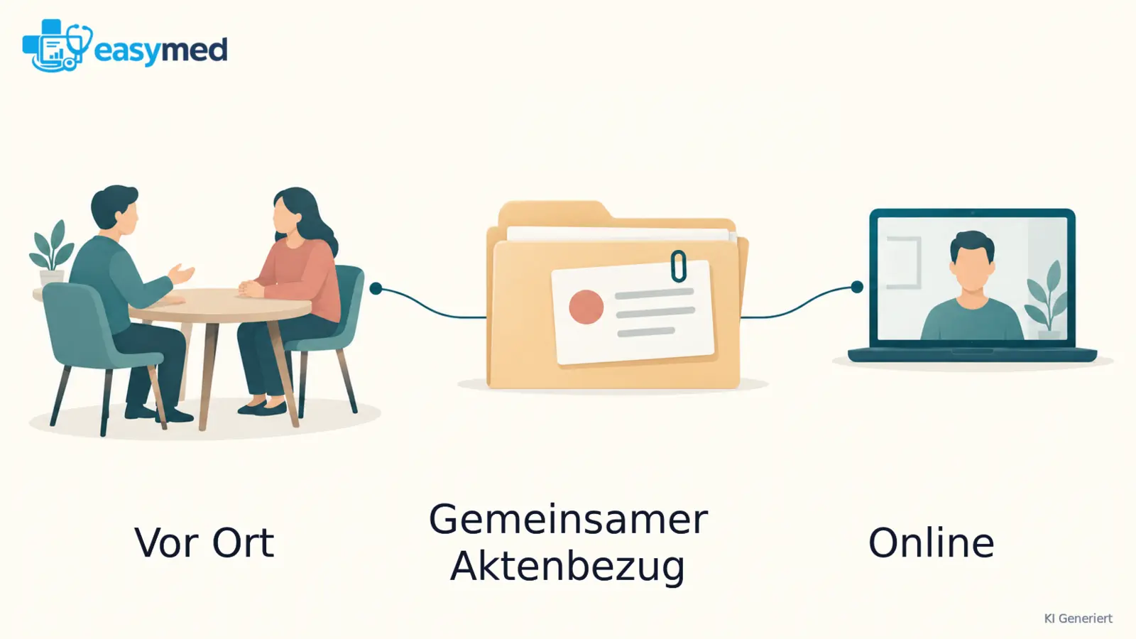 Ein Vor-Ort-Gespräch und ein Online-Gespräch sind mit derselben mittigen Fallmappe verbunden.