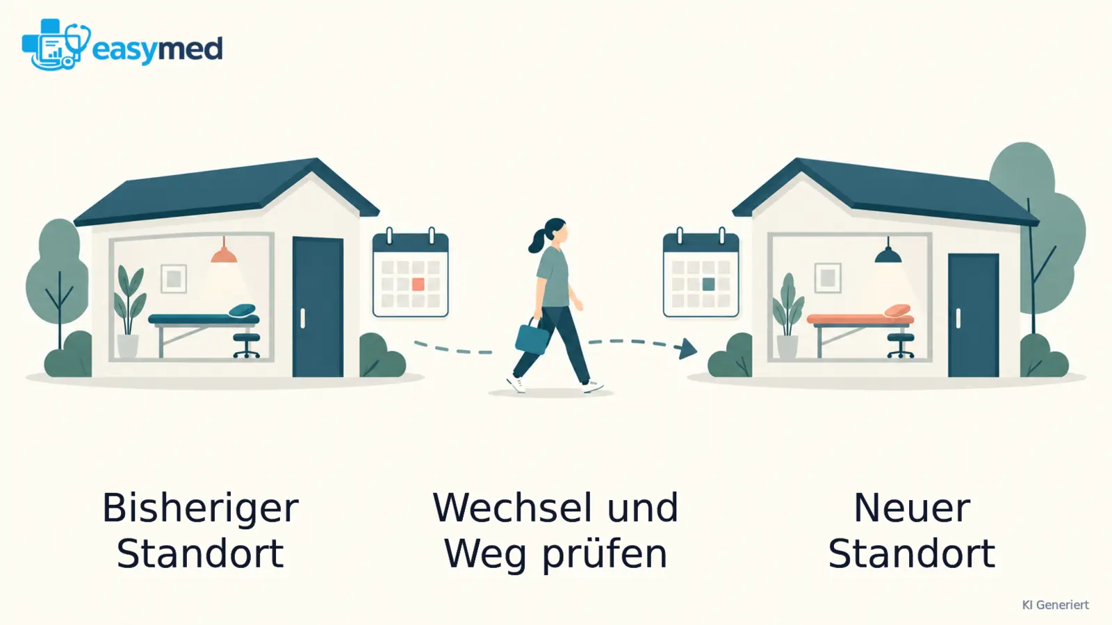 Zwei getrennte Praxisstandorte mit je einem Raum und einer einzigen Fachkraft auf dem verbindenden Weg.