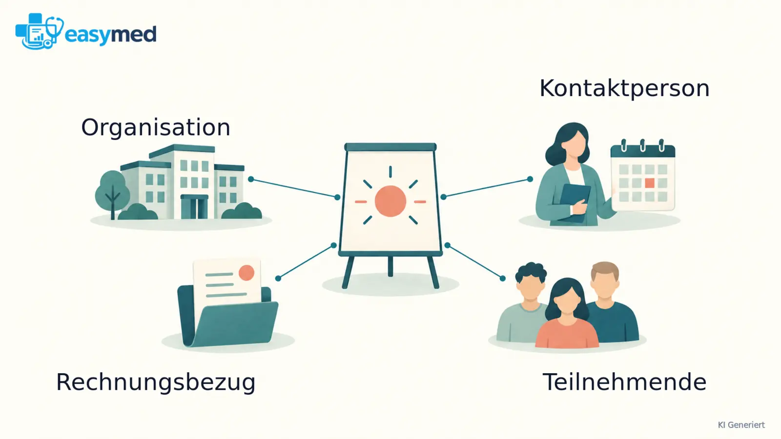 Vier getrennte Rollen um eine neutrale Workshopkarte: Organisation, Kontaktperson, Teilnehmende und Rechnungsstelle.