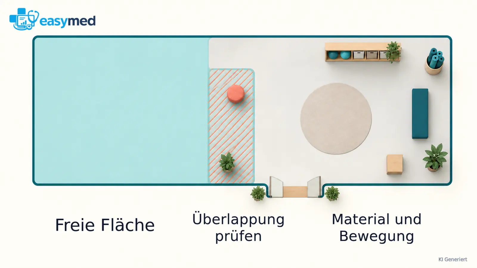 Ein Bewegungsraum mit zwei farbig dargestellten Nutzungszonen, die sich in der Mitte überschneiden.