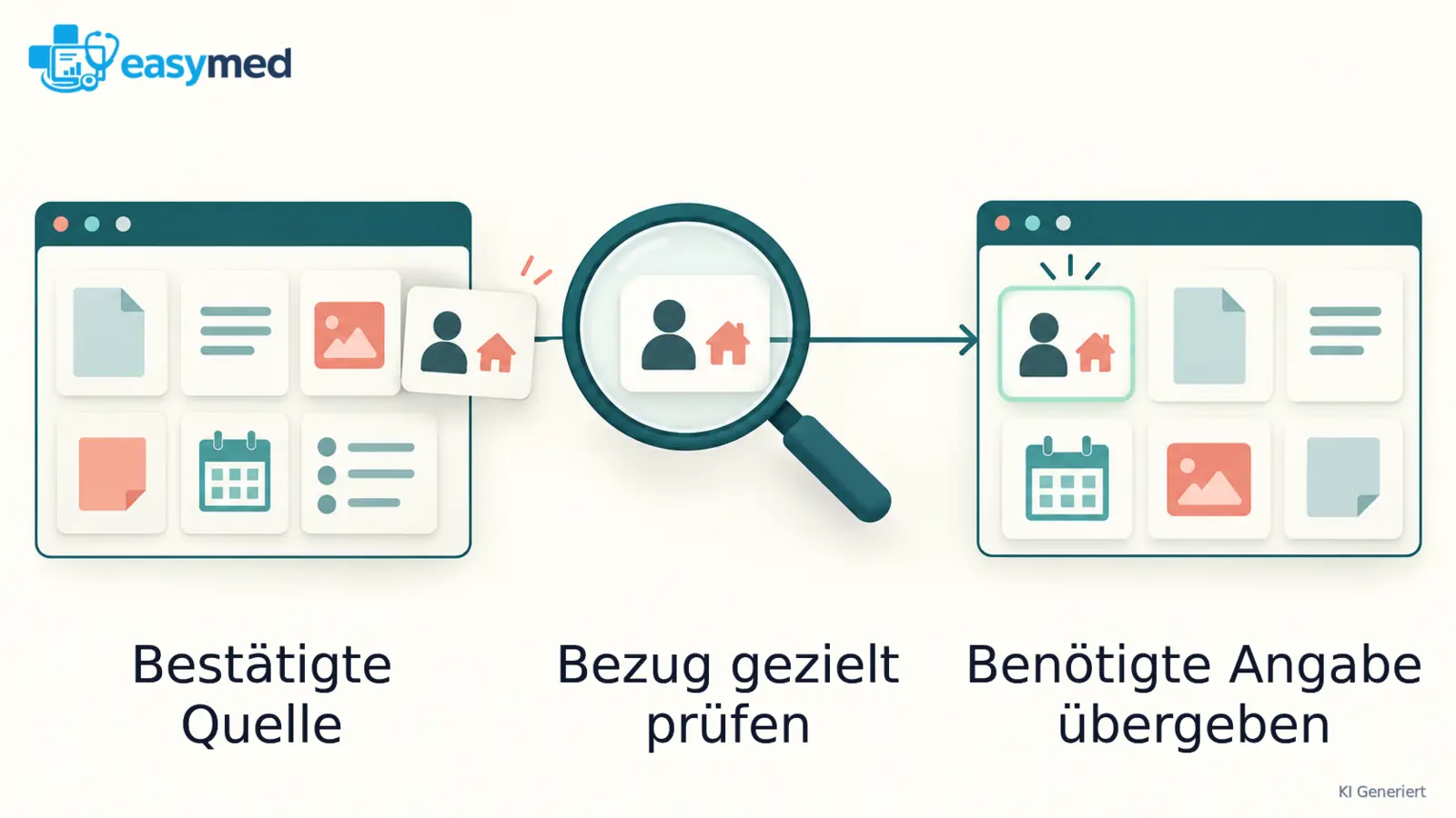 Zwei getrennte Programmrahmen mit einer einzelnen Kontaktkarte und einer Lupe für deren gezielten Übergang.