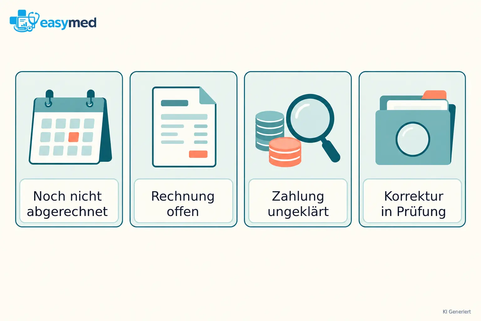 Vier getrennte Dokumentkarten für noch nicht abgerechnet, Rechnung offen, Zahlung ungeklärt und Korrektur in Prüfung.