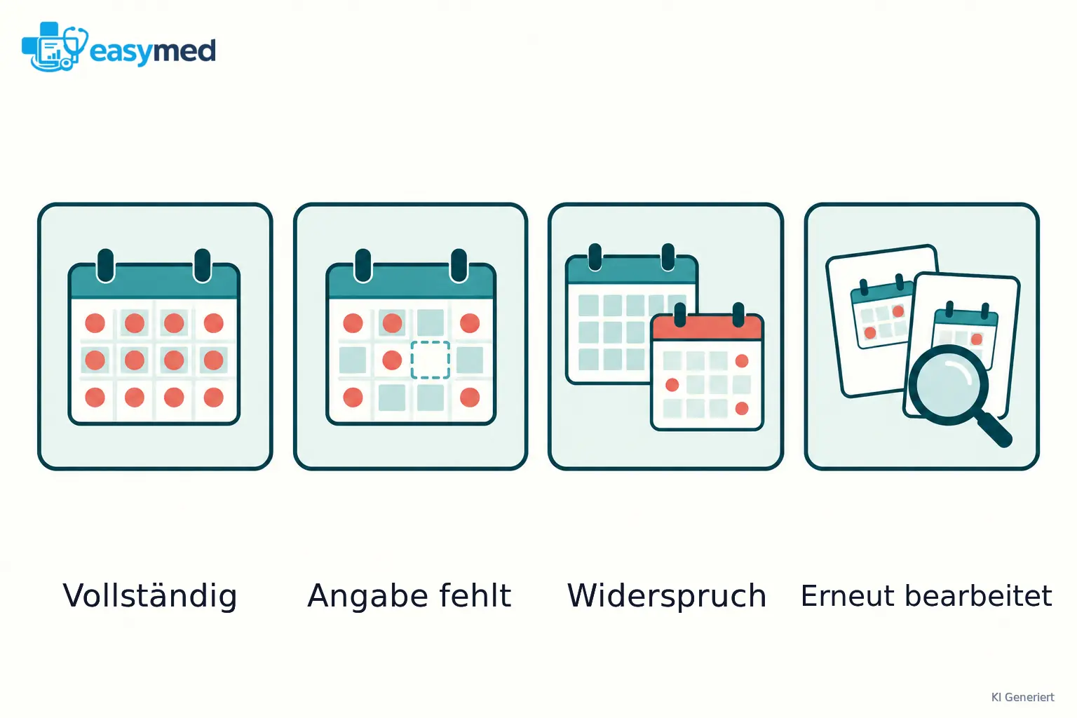 Vier separate Testkarten mit vollständigem Termin, fehlender Kontaktangabe, widersprüchlichen Zeiten und erneut bearbeitetem Anlass.