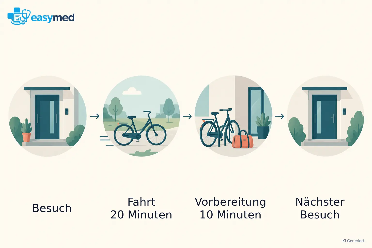 Zeitstrecke mit abgeschlossenem Besuch, Fahrt von 20 Minuten, Vorbereitung von 10 Minuten und nächstem Besuch.
