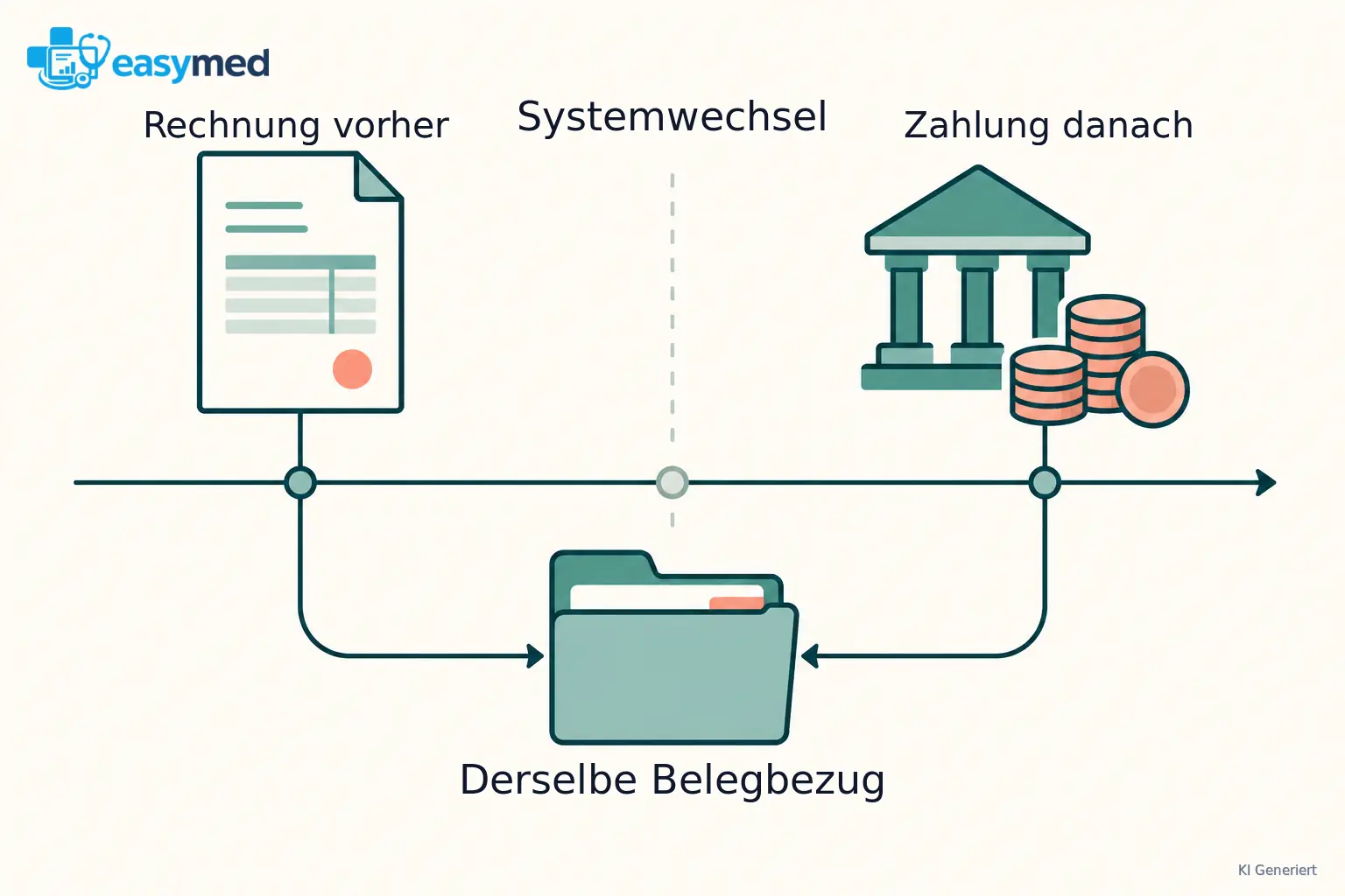 Zeitlinie mit alter Rechnung links, Wechseltermin in der Mitte und zugehöriger Zahlung rechts; eine gemeinsame Vorgangsmappe verbindet beide Seiten.