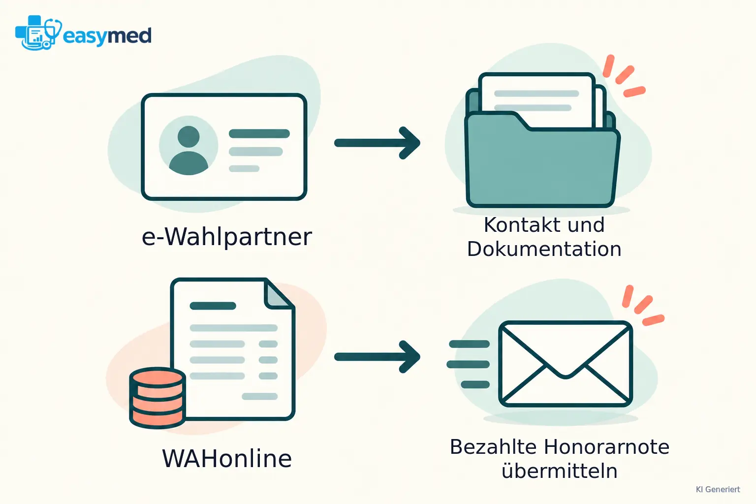 Zwei getrennte Pfade: e-Wahlpartner mit Kontakt und Dokumentation, WAHonline mit bereits bezahlter Honorarnote und Übermittlung.