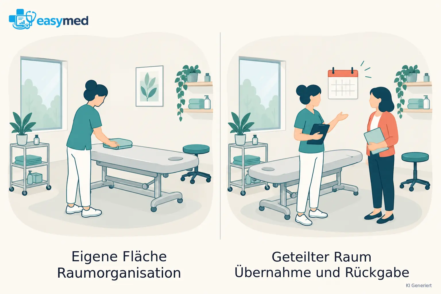 Zwei parallele Raumszenen: eigene Fläche mit eigener Organisation und geteilter Raum mit Übernahme und Rückgabe.