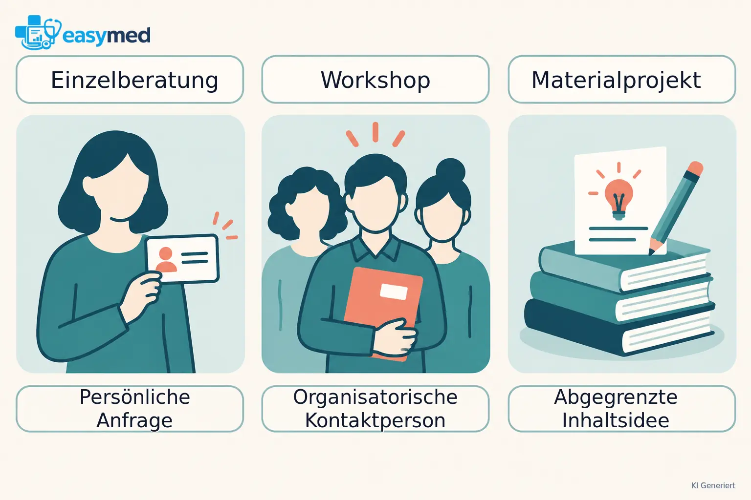 Drei separate Einstiege für persönliche Anfrage, Organisationsanfrage zum Workshop und Inhaltsidee für ein Materialprojekt.