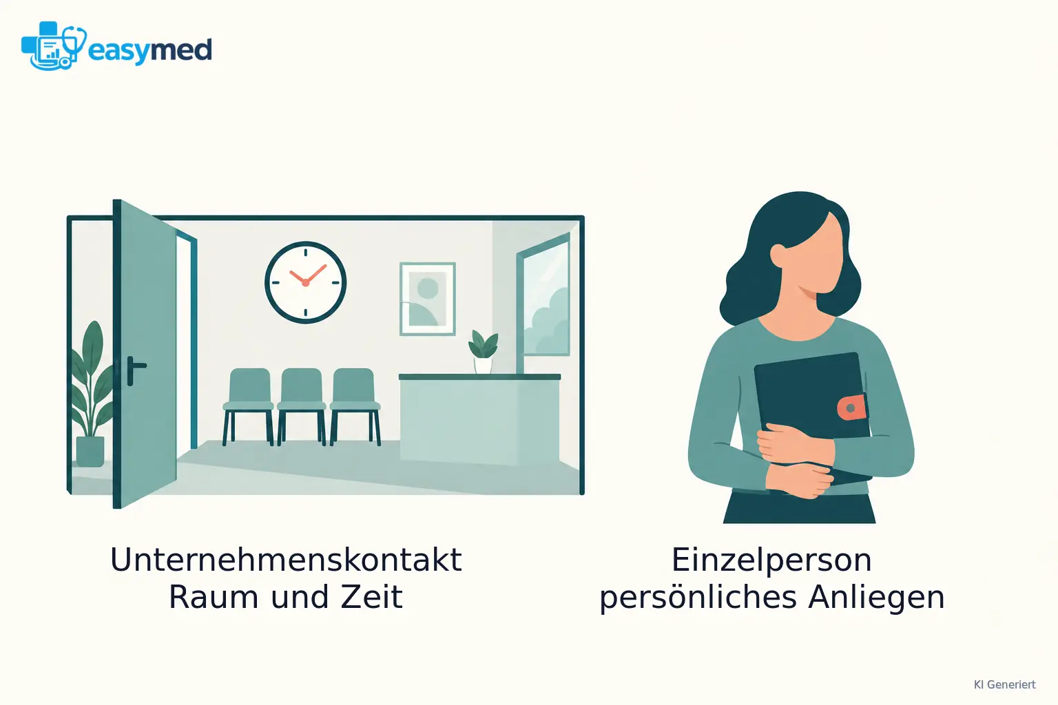Zwei getrennte Informationspfade verbinden Raum-/Zeitkoordination mit Unternehmenskontakt und persönliche Rückfrage mit betreuter Einzelperson.