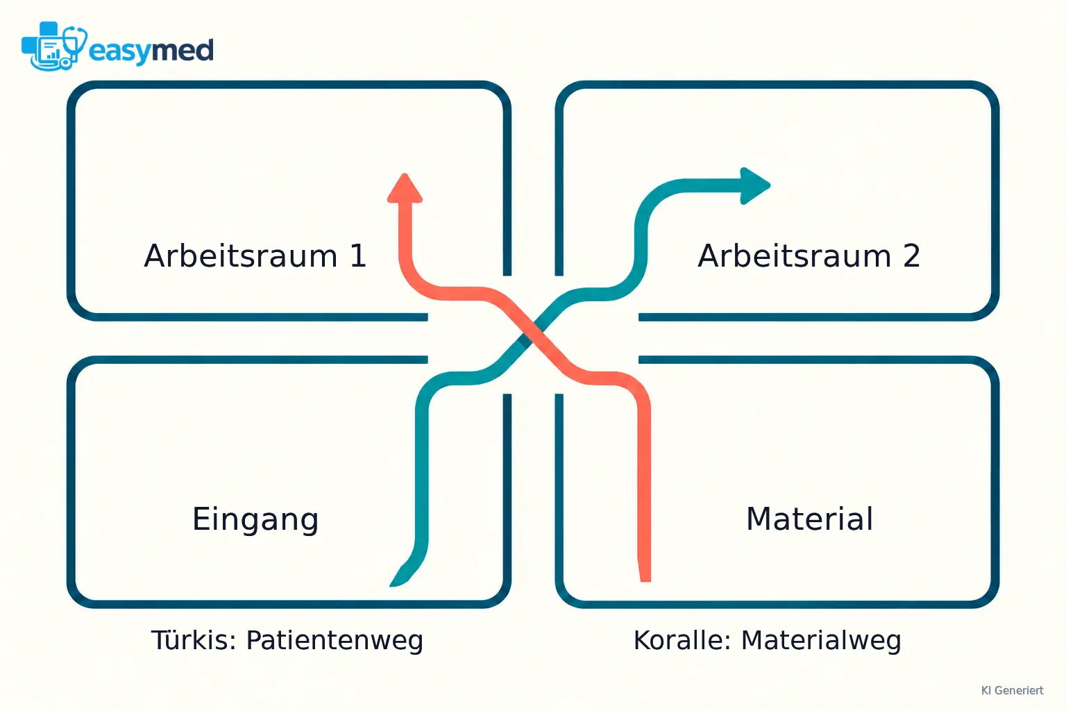 Schematisches Raumbeispiel mit Eingang, Materialplatz und zwei Arbeitsräumen. Ein türkisfarbener Patientenweg und ein korallfarbener Materialweg kreuzen sich im zentralen Übergang.