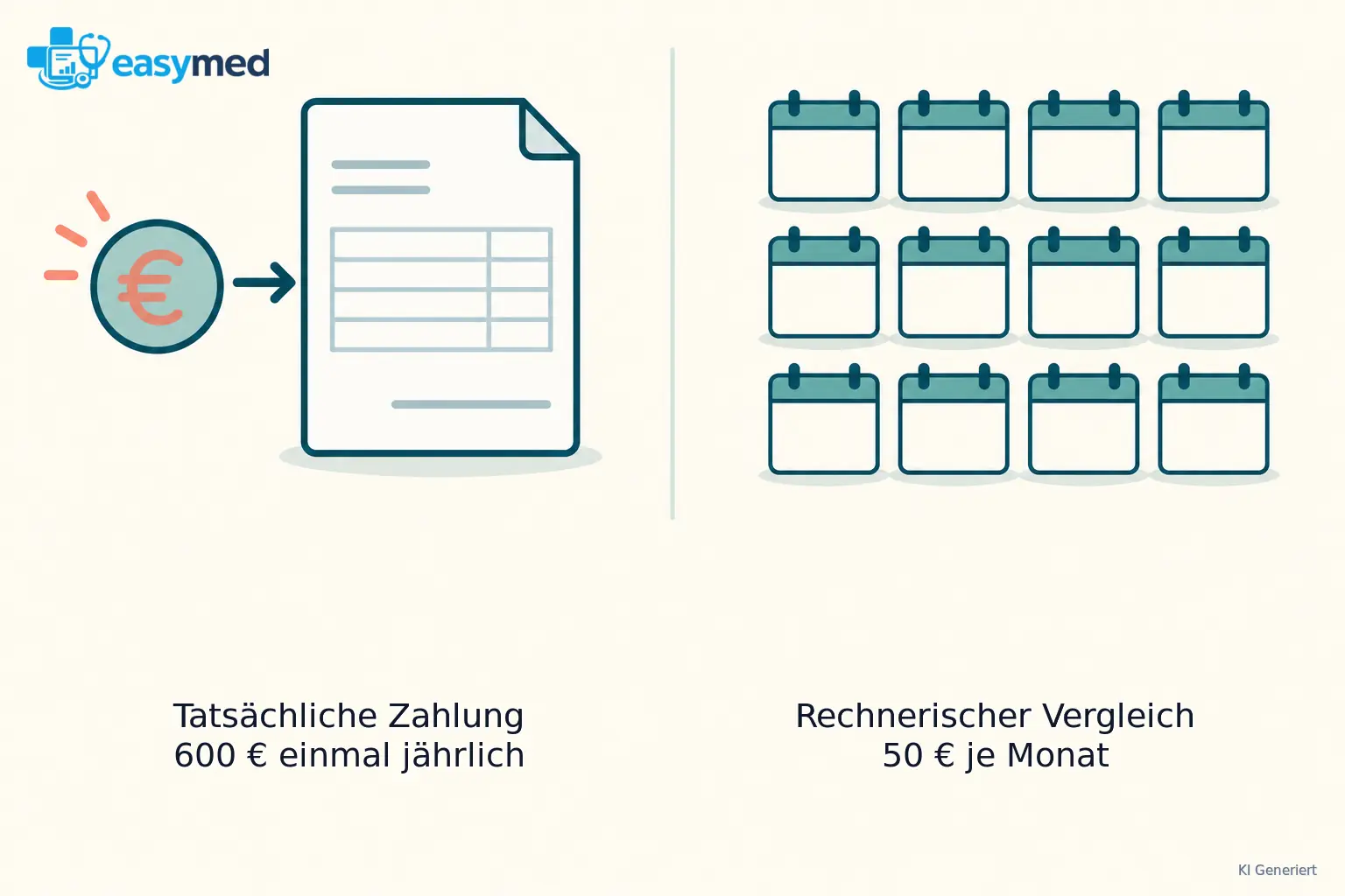 Links eine Jahresrechnung über 600 Euro, rechts zwölf gleichartige kleine Monatsfelder als rechnerische Vergleichsansicht von je 50 Euro.