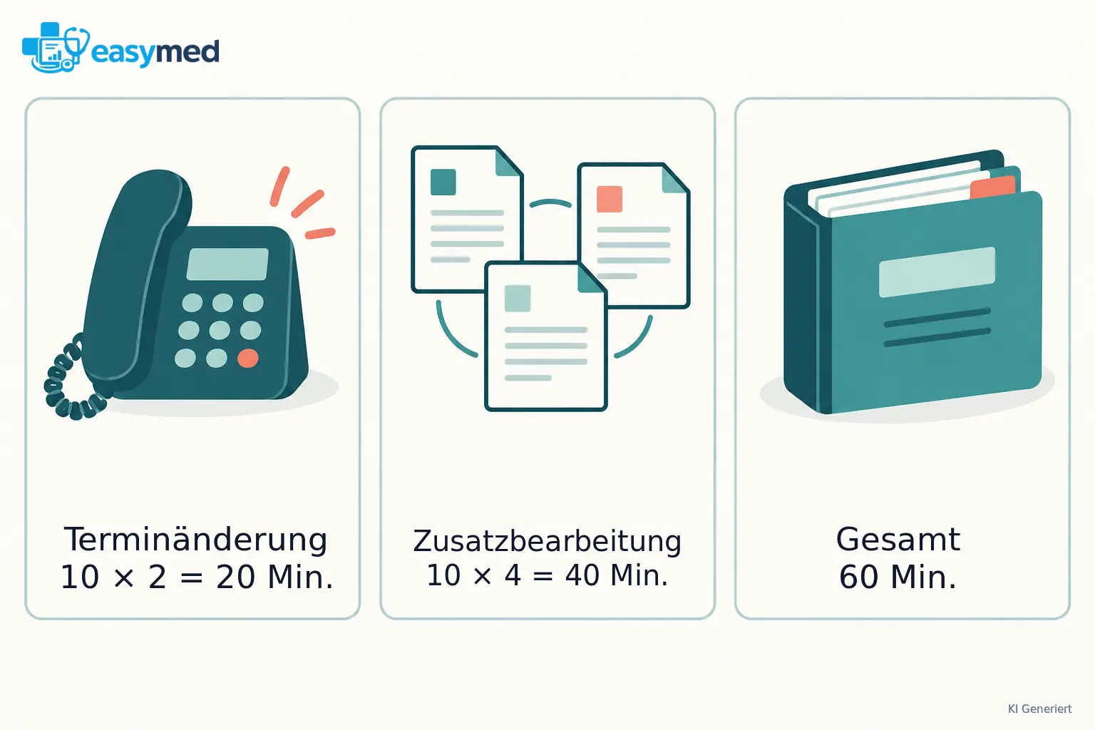 Drei Karten zeigen eine Beispielrechnung: zehn Terminänderungen benötigen 20 Minuten Grundbearbeitung plus 40 Minuten Zusatzbearbeitung, insgesamt 60 Minuten.