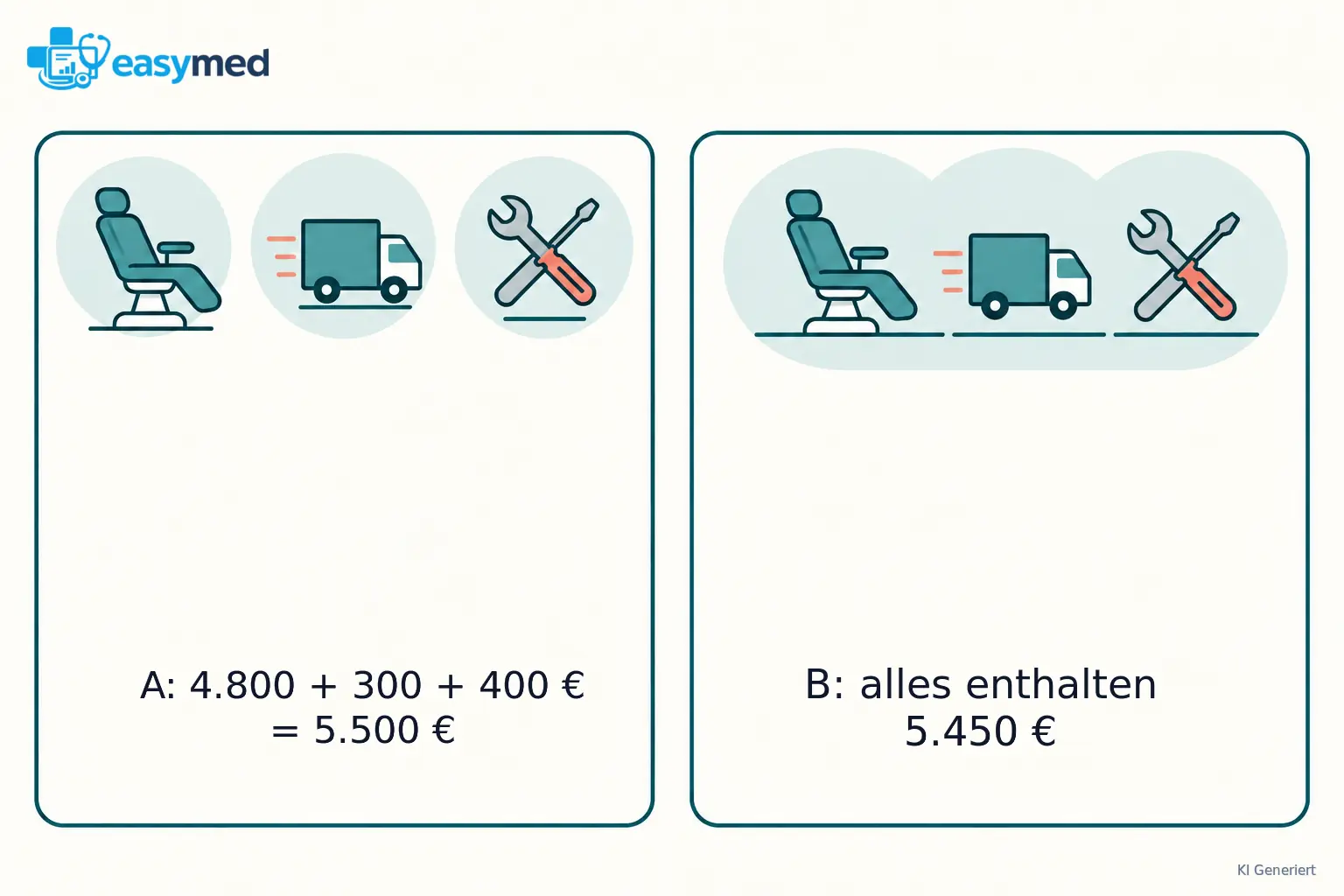 Zwei Angebotskarten: A mit 4.800 Euro plus 300 Euro Lieferung plus 400 Euro Aufbau, B als Gesamtangebot über 5.450 Euro.
