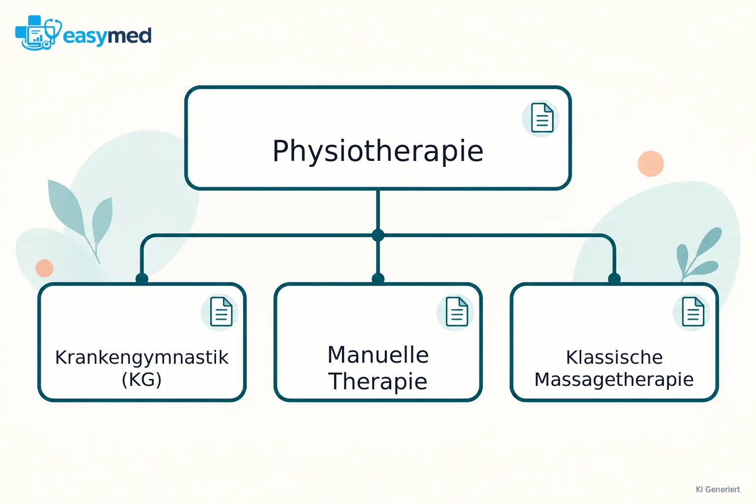 Physiotherapie als Oberbegriff über drei Unterkarten für Krankengymnastik, Manuelle Therapie und klassische Massagetherapie.