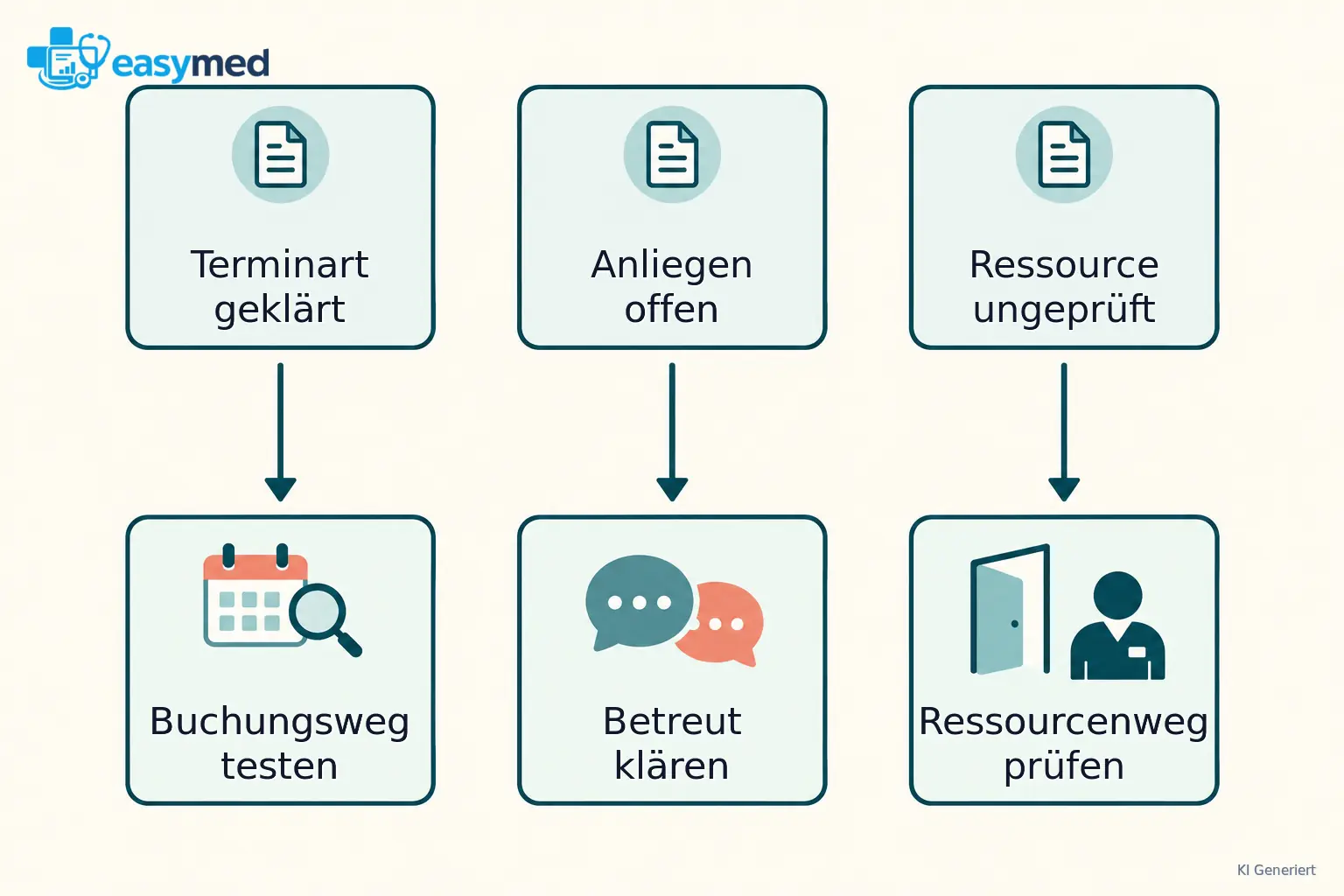 Drei getrennte Ausgangskarten führen zu Buchungstest, betreuter Klärung oder Ressourcenprüfung.