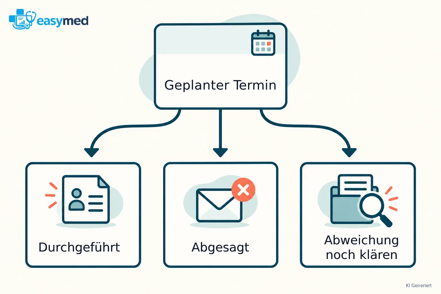 Eine geplante Kalenderkarte verzweigt zu durchgeführtem Termin, Absage und noch ungeklärter Abweichung.