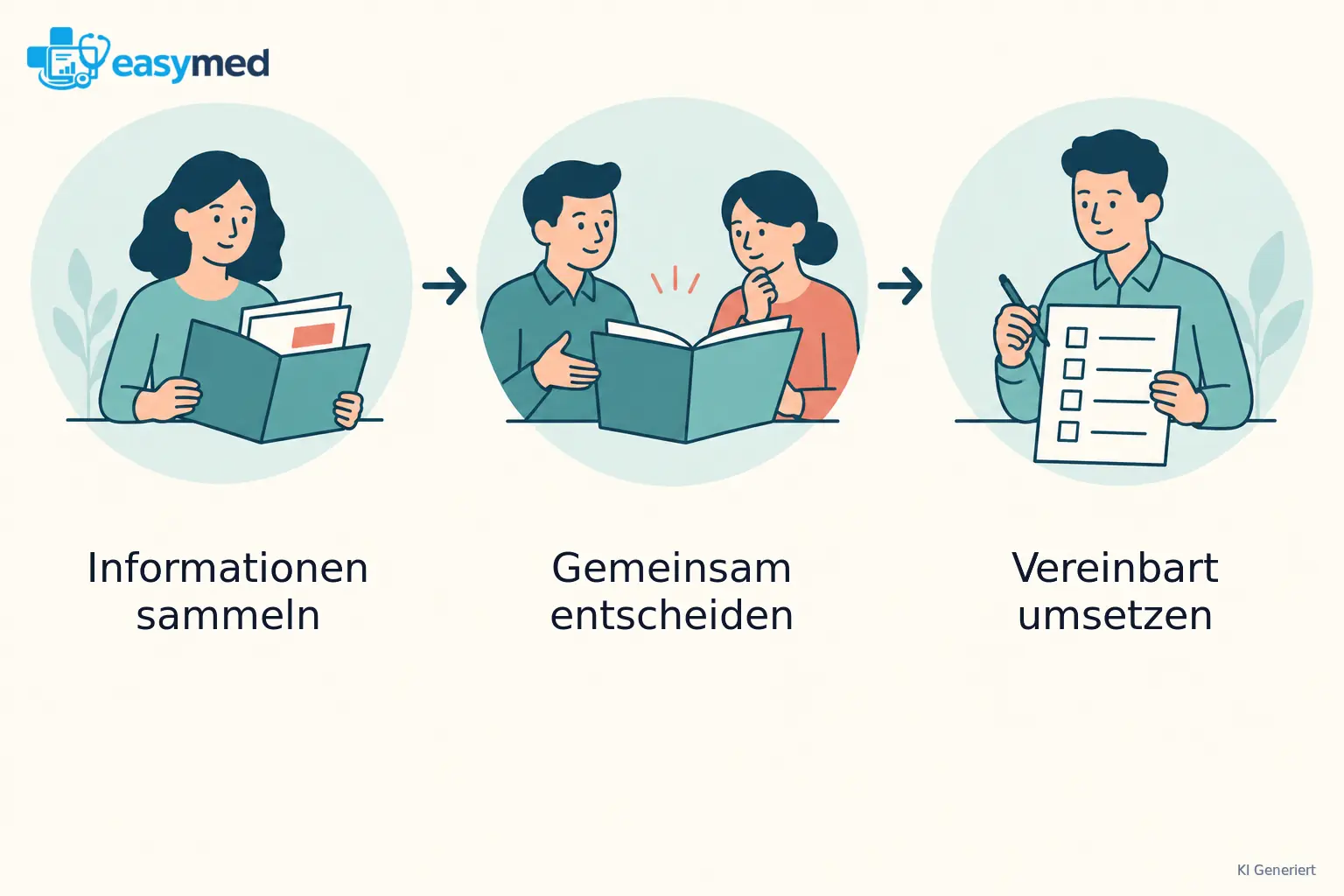 Eine Person sammelt Angebote, zwei Praxispartner besprechen gemeinsam eine Entscheidung und eine Person notiert die Umsetzung; Pfeile verbinden die drei Schritte.