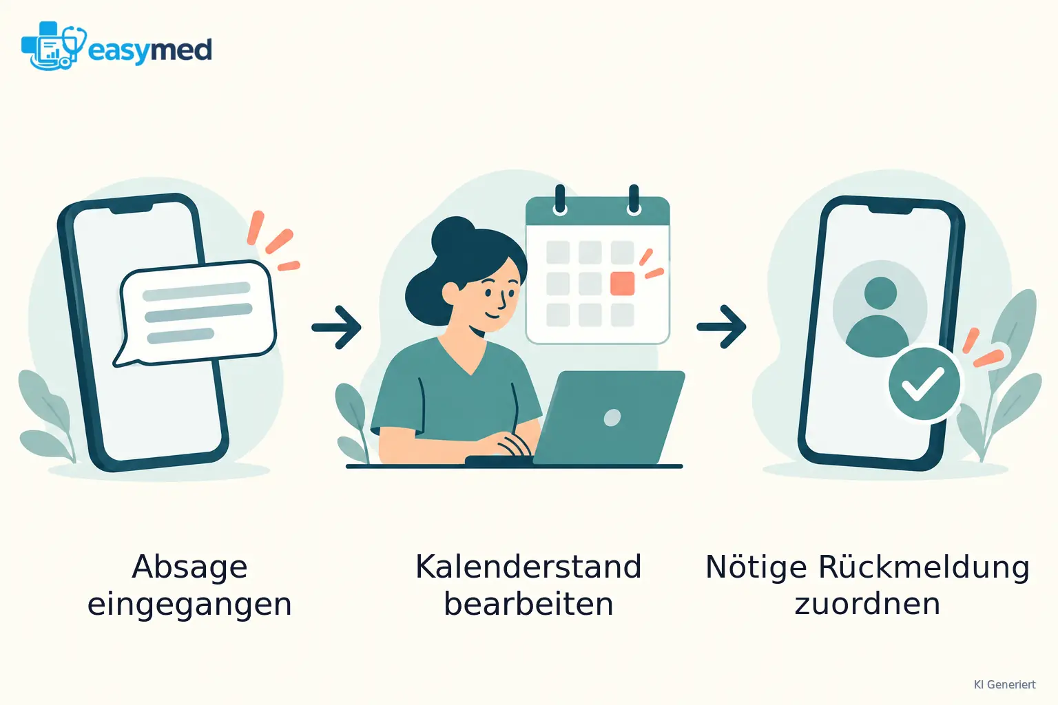 Eine frei geschriebene Absagenachricht führt zur persönlichen Kalenderbearbeitung am Laptop und zur Rückmeldung an den Patienten.