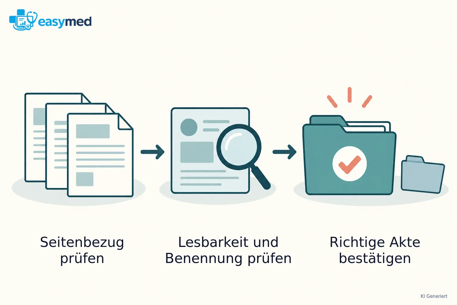 Papierseiten werden als zusammenhängendes Dokument geprüft und danach der bestätigten Patientenakte zugeordnet.
