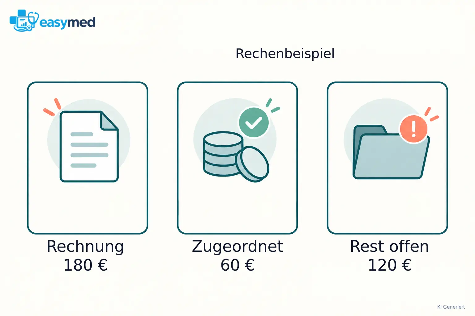 Drei separate Karten zeigen Rechnung über 180 Euro, zugeordnete Zahlung über 60 Euro und offenen Rest von 120 Euro.