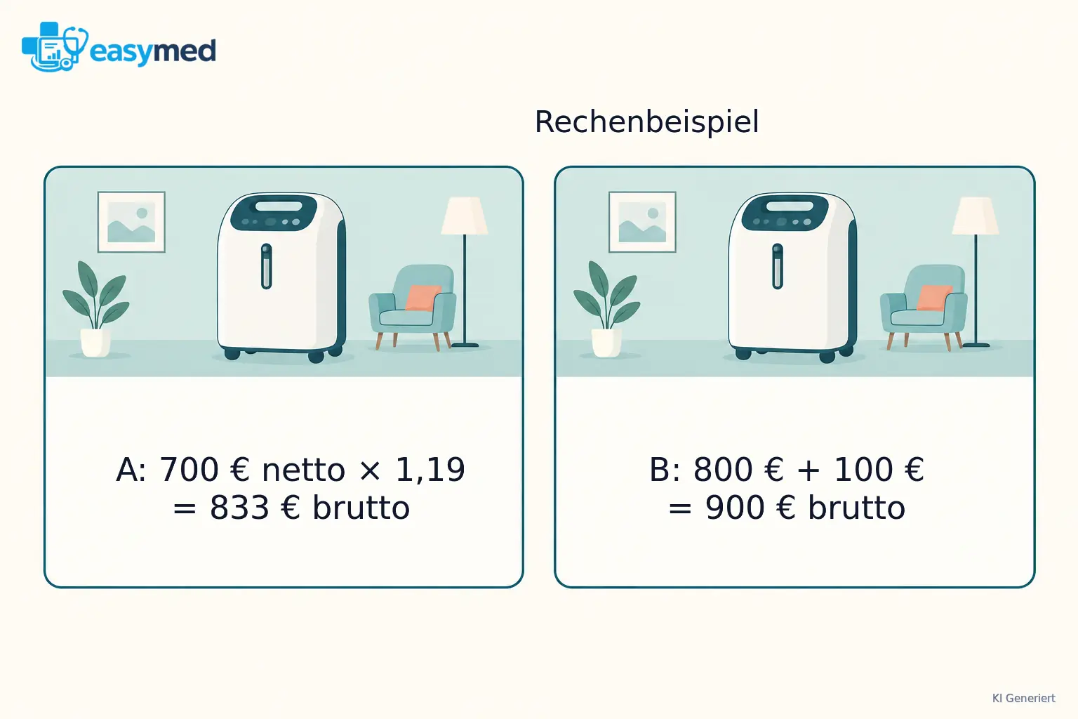 Zwei vollständige Angebotskarten zeigen A mit 700 Euro netto mal 1,19 gleich 833 Euro brutto und B mit 800 plus 100 gleich 900 Euro brutto.