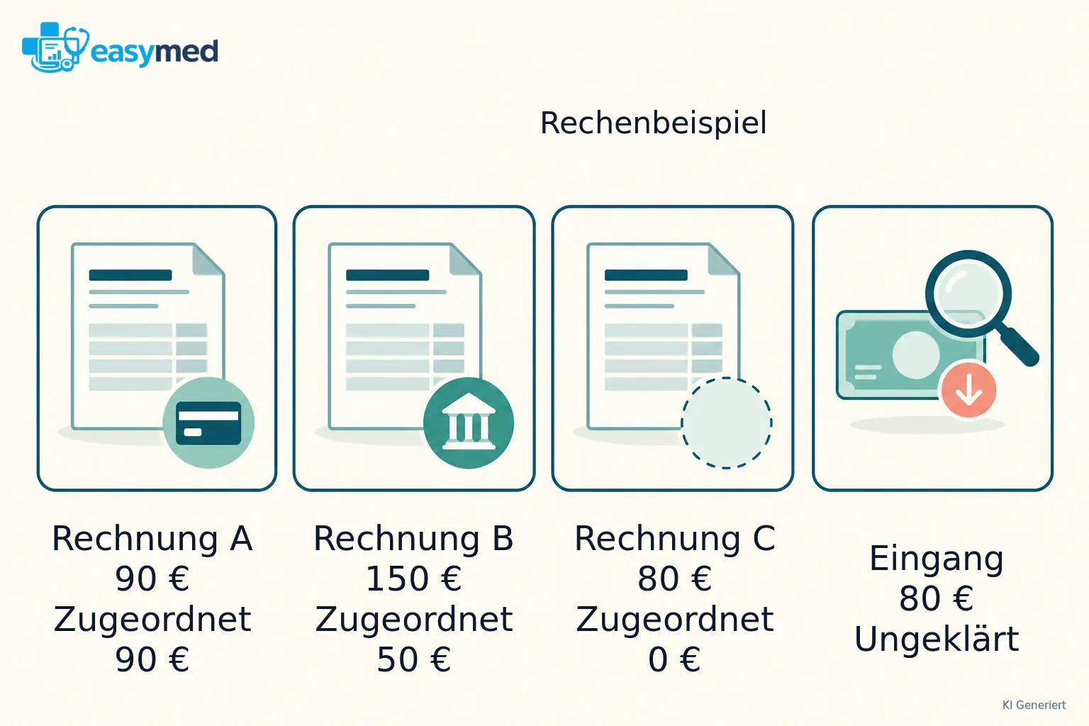 Drei Rechnungsfälle mit 90/90, 150/50 und 80/0 Euro zugeordnetem Betrag; ein separater ungeklärter Zahlungseingang von 80 Euro ist mit keiner Rechnung verbunden.