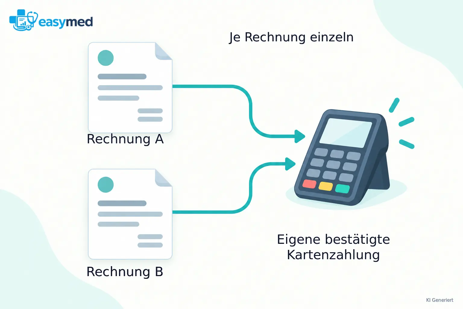 Zwei Rechnungen führen nacheinander zum selben Kartenterminal; jede erhält eine eigene Zahlungsbestätigung.