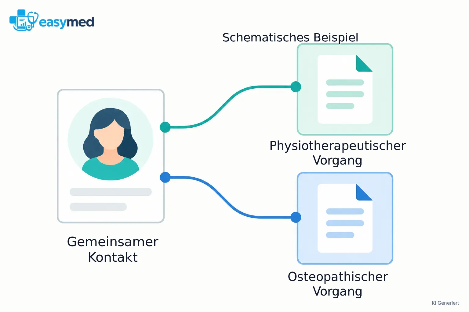 Eine Kontaktkarte verzweigt zu zwei getrennten Fachvorgangskarten mit jeweils eigenem Informationsweg.