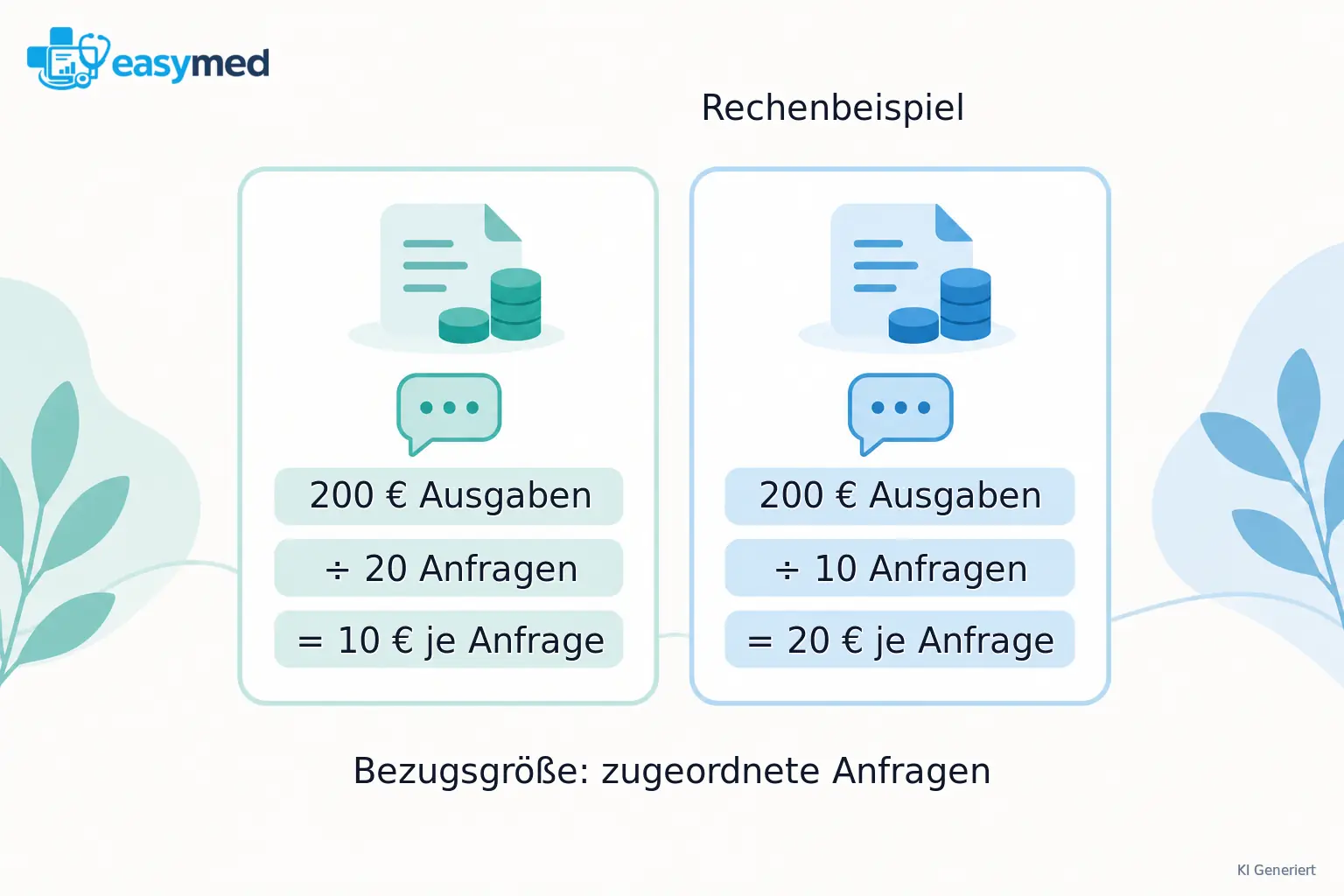 Zwei nebeneinanderstehende Rechenkarten zeigen dieselben angenommenen Ausgaben bei unterschiedlicher Zahl zugeordneter Anfragen.