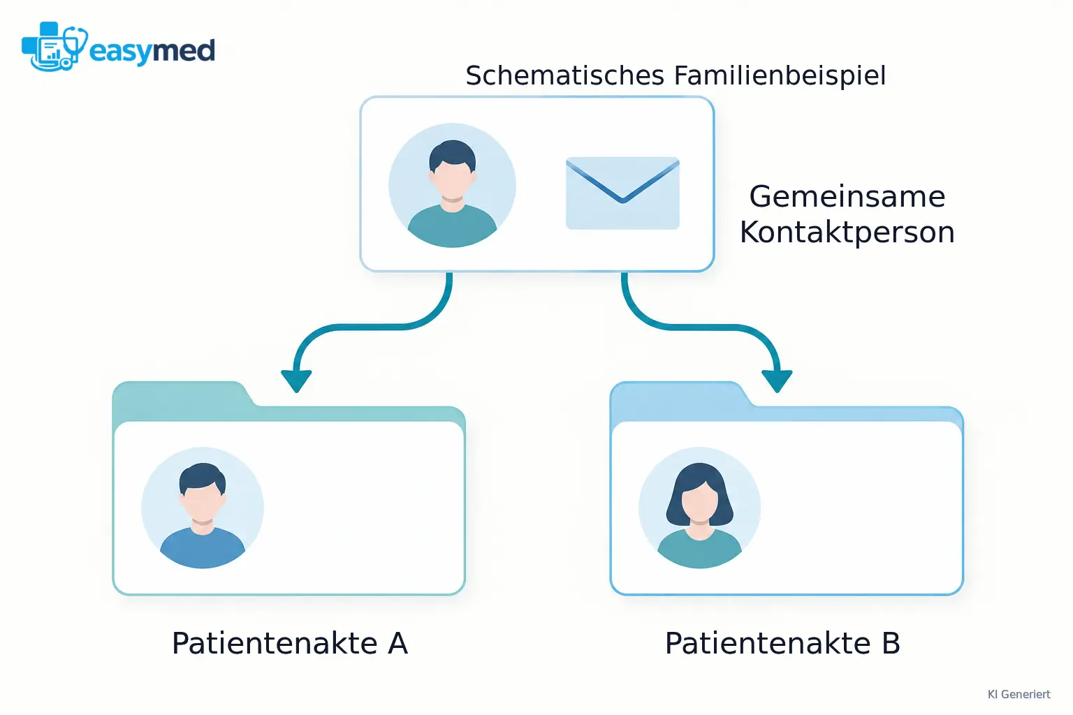 Eine gemeinsame Kontaktkarte ist mit zwei räumlich getrennten Patientenakten verbunden, die eigene Fallbezüge behalten.