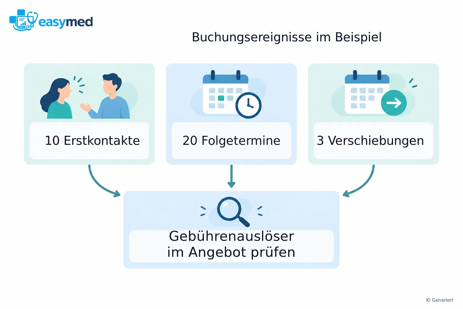 Drei Ereigniskarten für Erstkontakte, Folgetermine und Verschiebungen führen zu einem getrennten Prüffeld für den vereinbarten Gebührenauslöser.