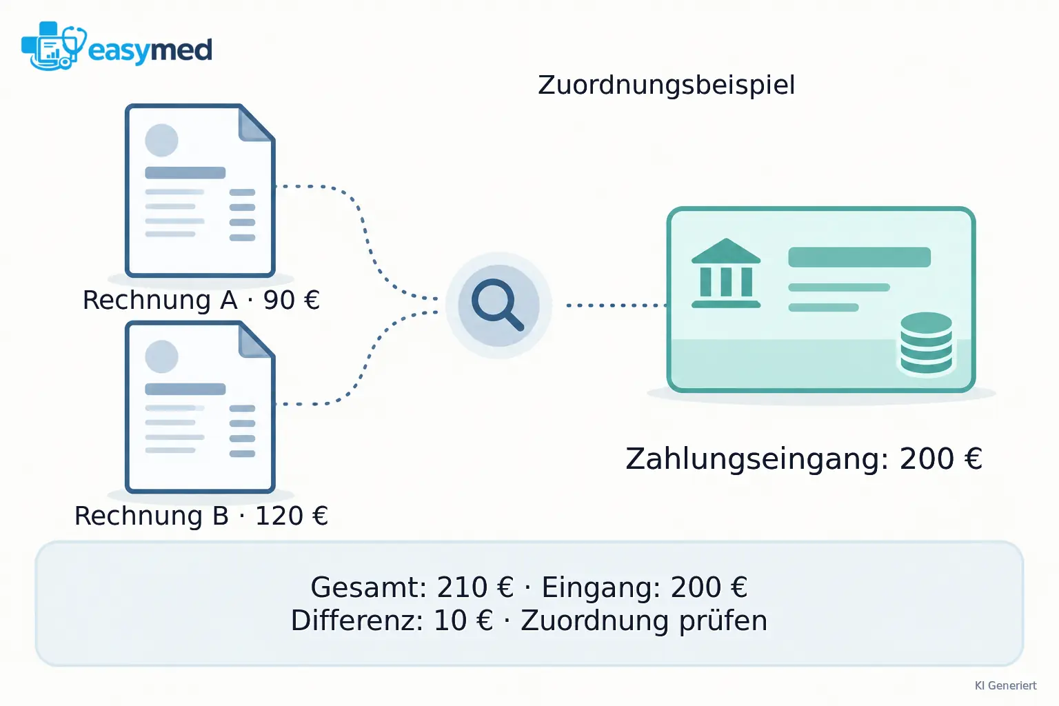 Zwei Rechnungskarten mit insgesamt 210 Euro stehen einer Zahlungskarte über 200 Euro gegenüber; die Zuordnung bleibt als eigene Prüfaufgabe sichtbar.