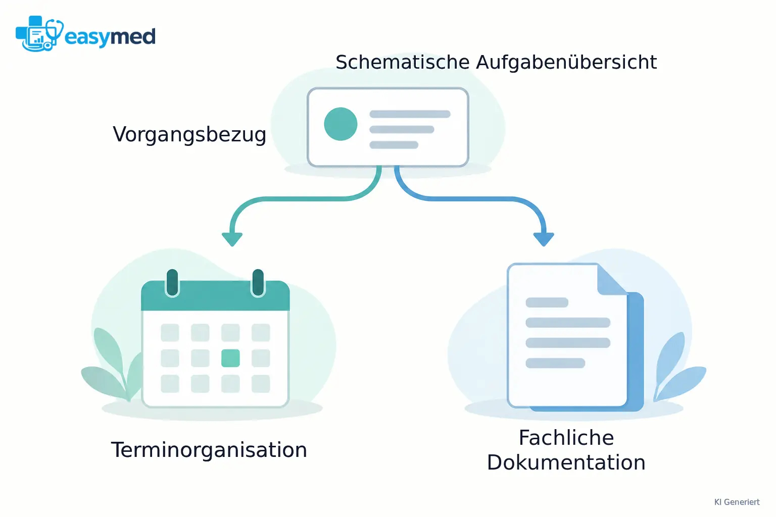 Ein gemeinsamer Vorgangsbezug verzweigt zu zwei getrennten Arbeitsfeldern für Terminorganisation und fachliche Dokumentation.