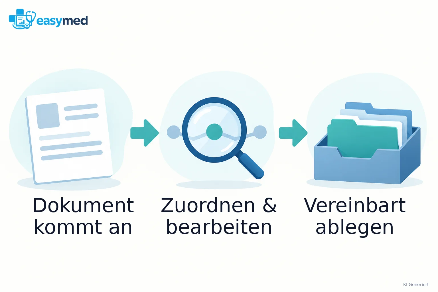 Eingangspfad für Papierunterlagen: Das Dokument kommt an, wird zugeordnet und bearbeitet und anschließend am vereinbarten Ablageort abgelegt.