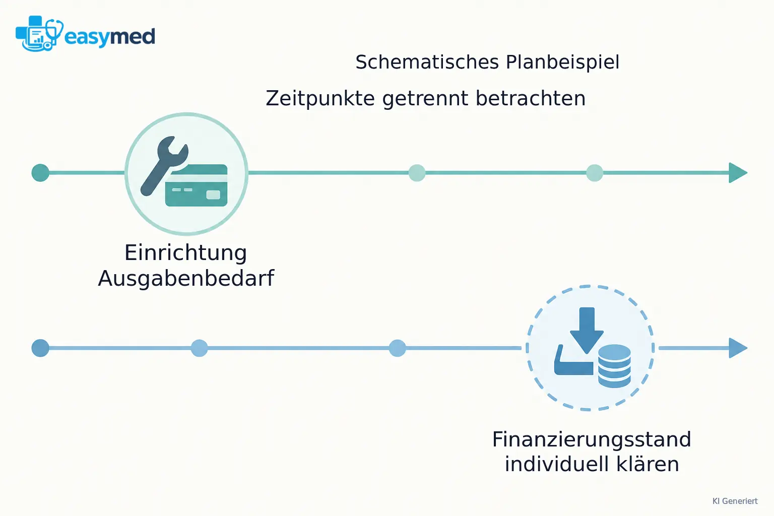 Zwei getrennte Zeitspuren zeigen Einrichtungsausgaben und einen noch zu klärenden Finanzierungszufluss zu verschiedenen Zeitpunkten.