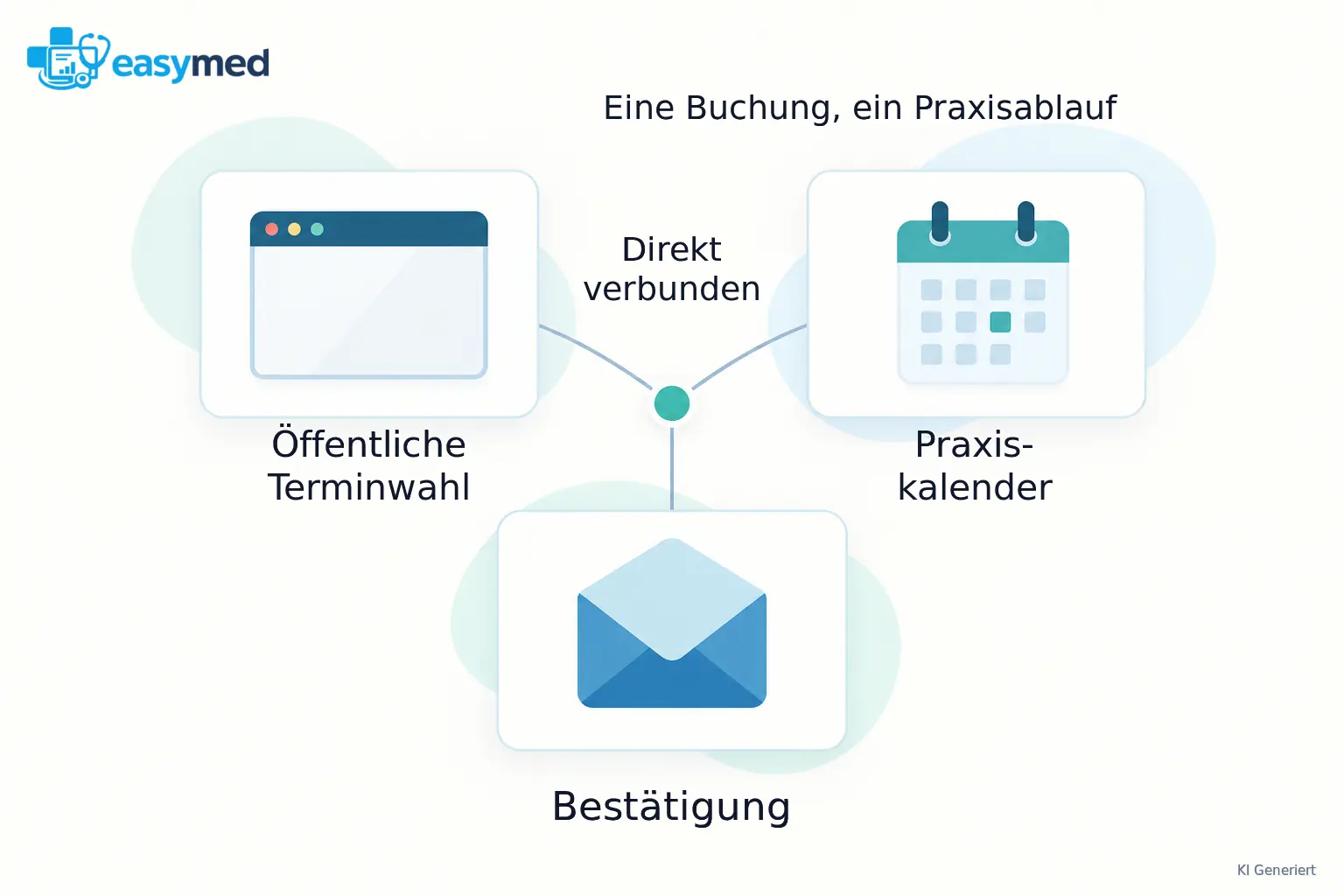 Drei verbundene Karten zeigen öffentliche Terminwahl, Praxiskalender und Bestätigung als gemeinsamen Buchungsablauf in easymed.
