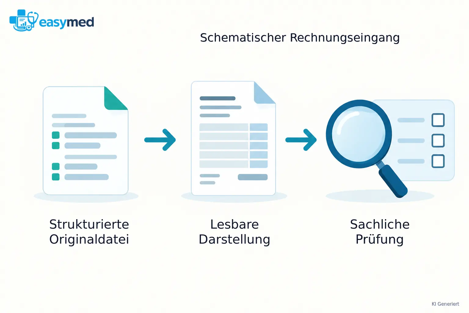 Eine strukturierte Dateikarte führt zu einer lesbaren Rechnungsansicht und danach zu einem eigenen sachlichen Prüffeld.