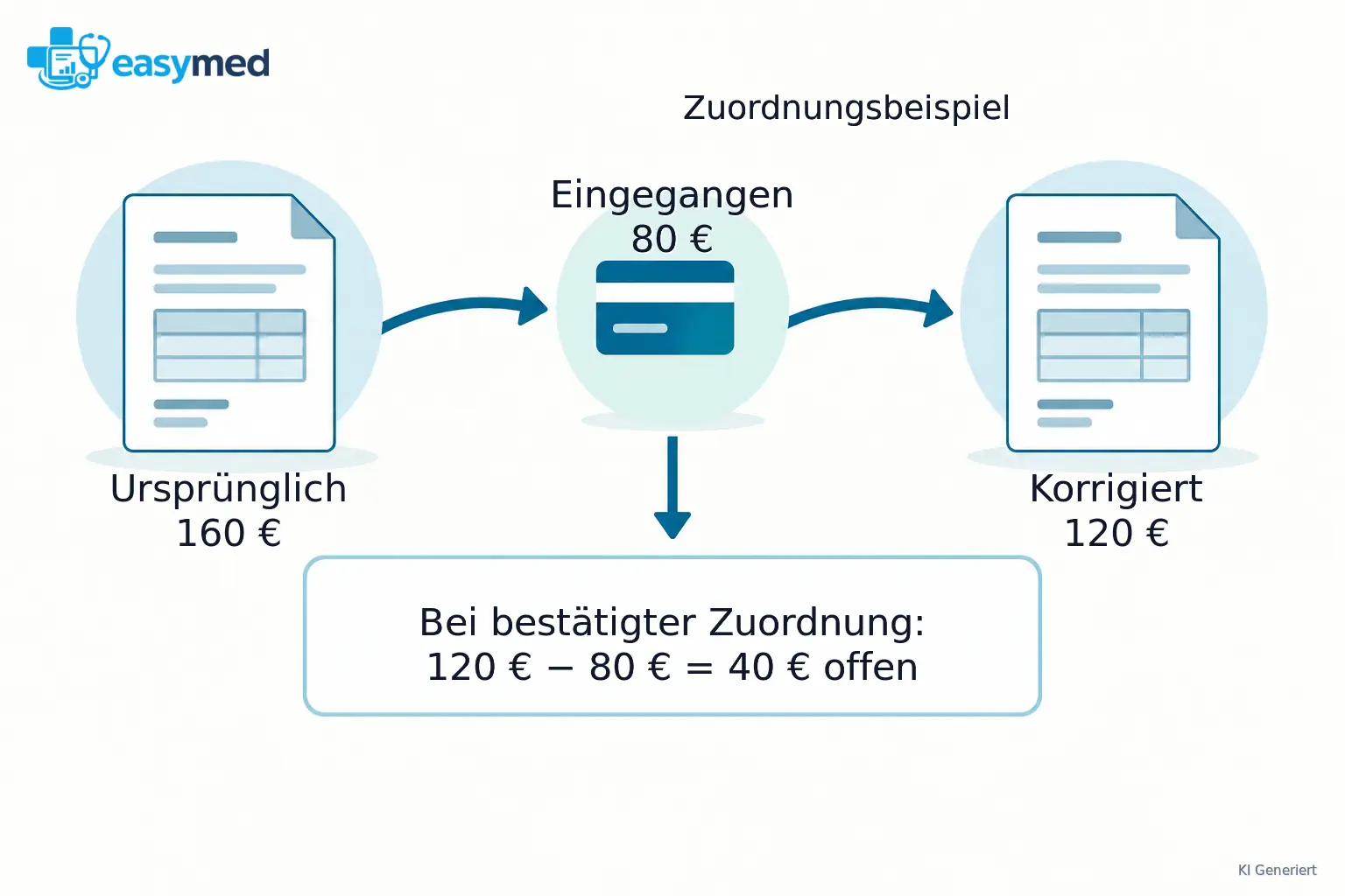 Eine ursprüngliche Rechnung, eine erhaltene Teilzahlung und eine korrigierte Rechnung bleiben als drei verbundene Karten sichtbar; der aktuelle rechnerische Rest ist gesondert beschriftet.