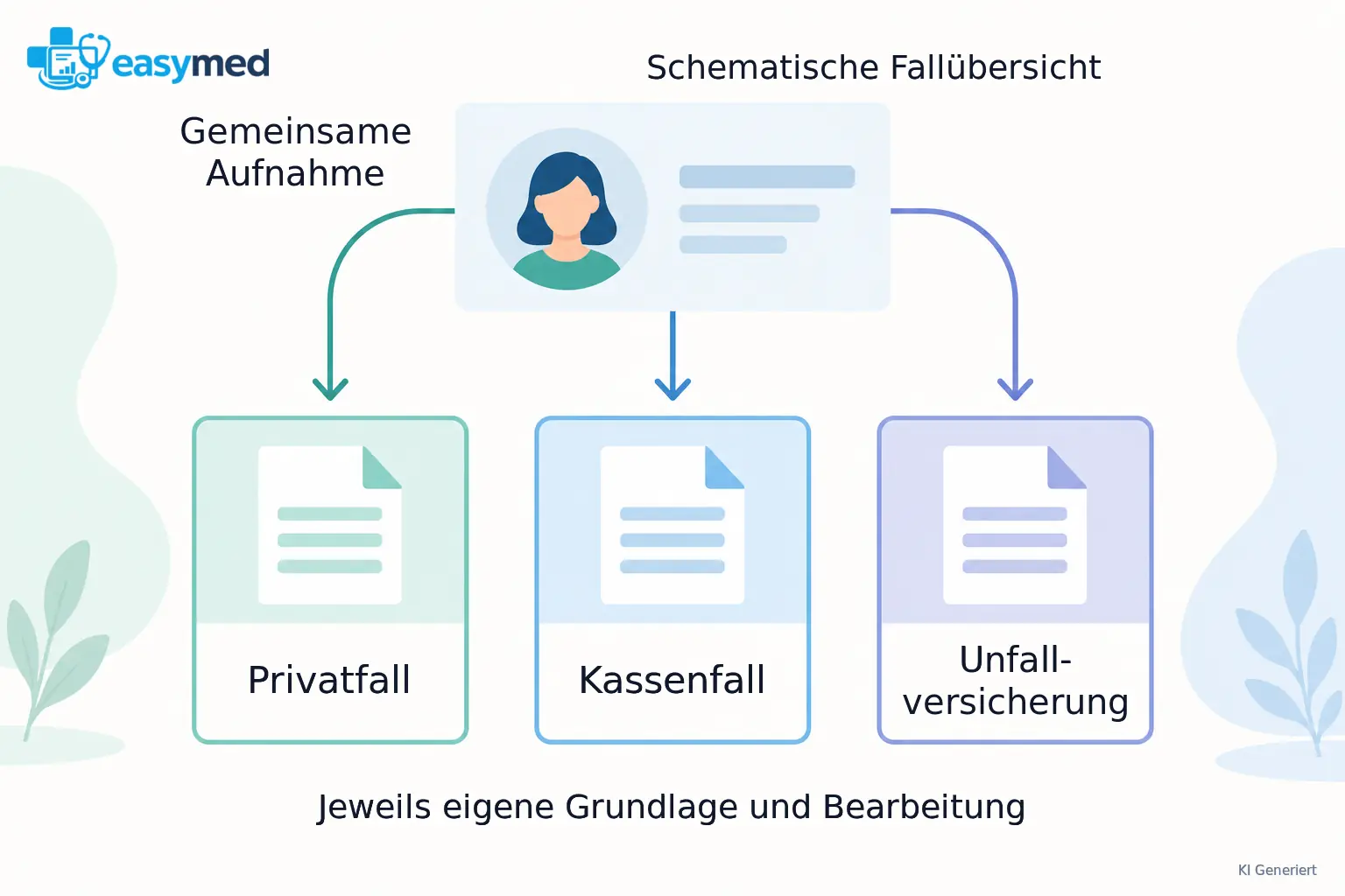 Eine gemeinsame Aufnahmekarte verzweigt zu drei räumlich getrennten Abrechnungsfallkarten mit jeweils eigenem Grundlagenbezug.