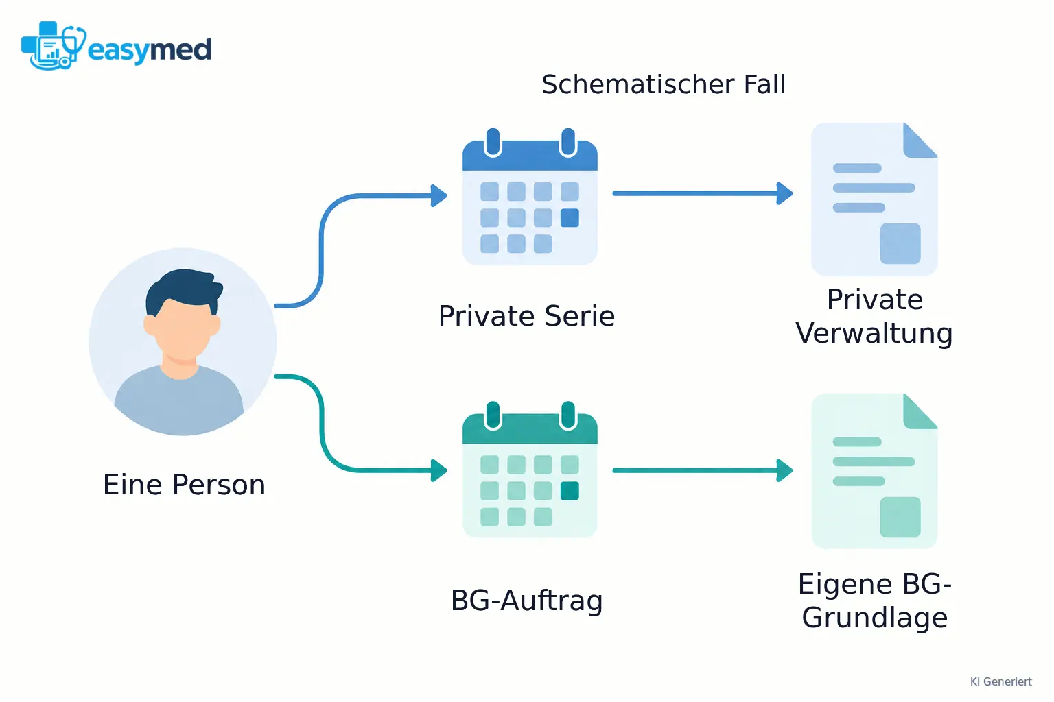 Eine Person ist mit zwei getrennten Reihen verbunden: einer privaten Serie mit eigener Dokumentation und einem BG-Auftrag mit eigener Grundlage.