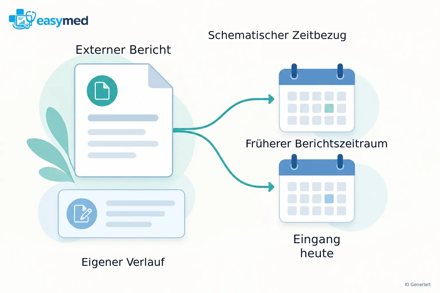 Eine externe Berichtskarte besitzt getrennte Bezüge zum beschriebenen Zeitraum und zum heutigen Eingang; der eigene Verlauf liegt daneben als separater Informationszweig.